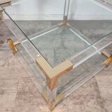 Set de 2 tables basses en verre acrylique et laiton, années 1970