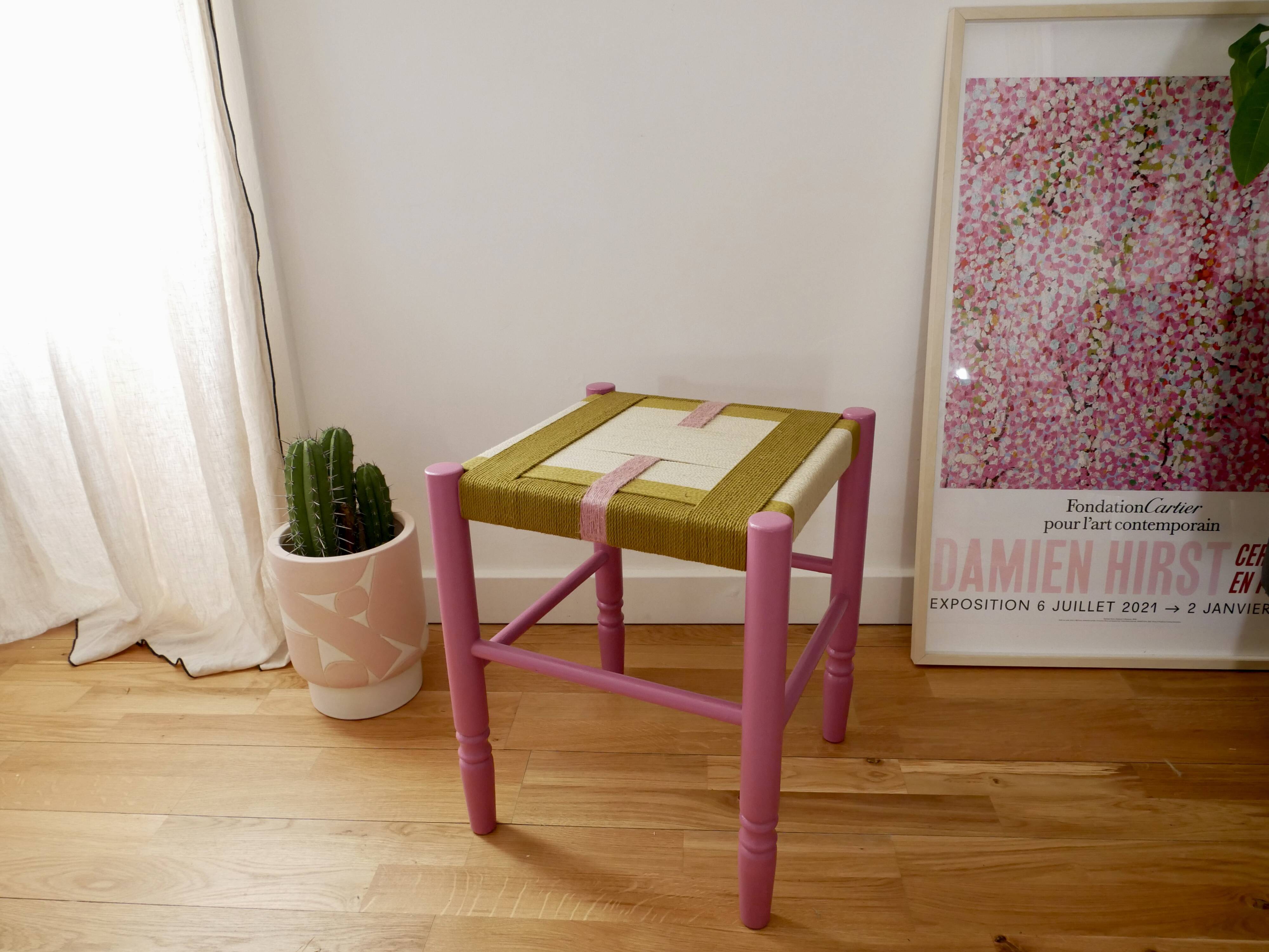 Wooden stool. Vintage stool. woven stool