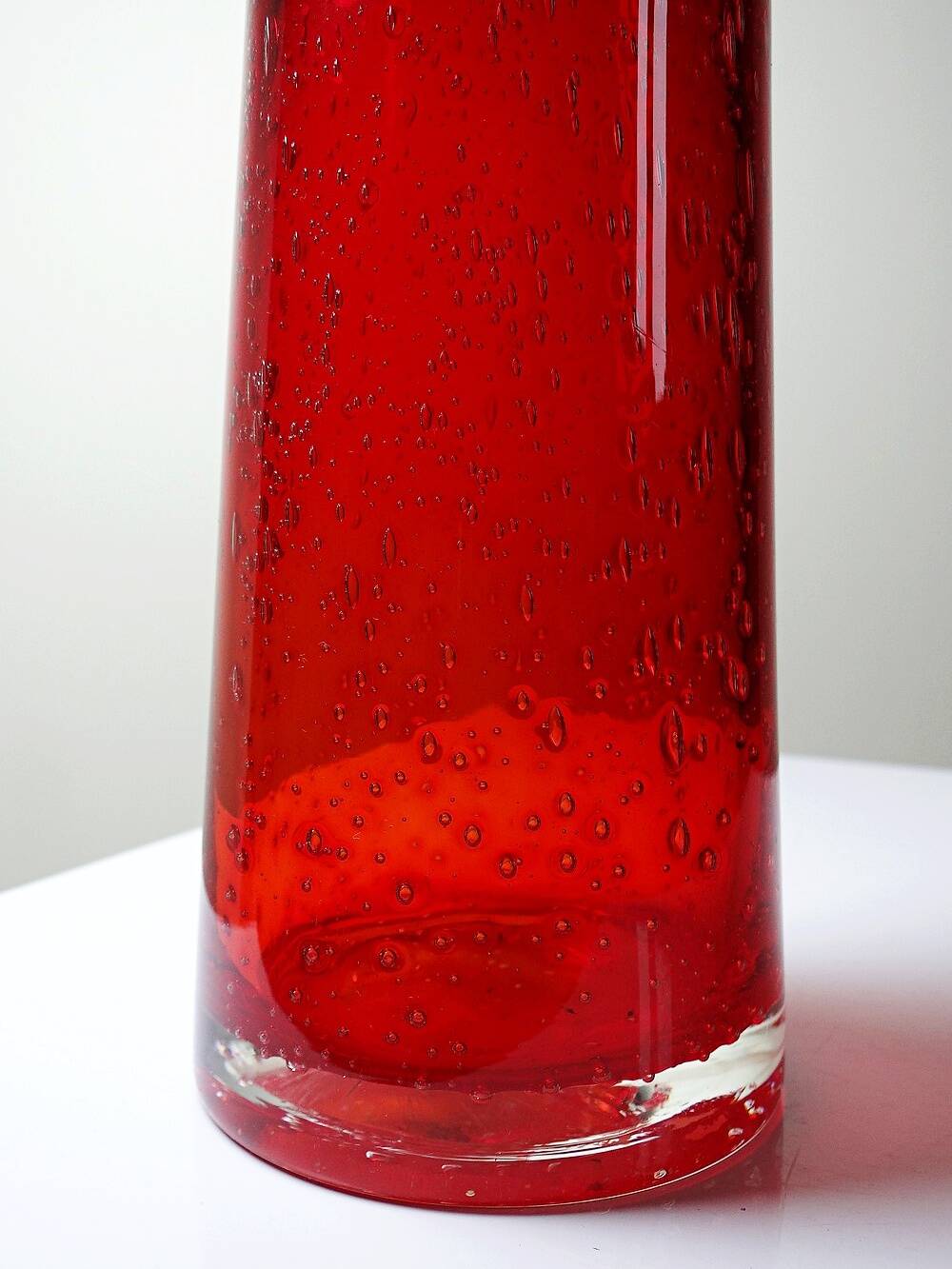 Red blown glass bubble tube vase in Murano style, vintage 80s-90s.