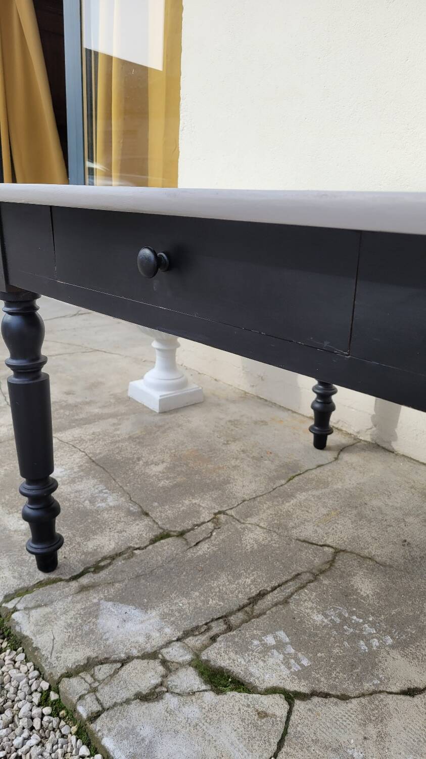 Antique patinated bistro farmhouse table, one drawer