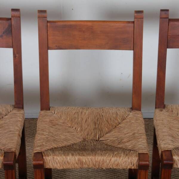 Ensemble de 6 chaises paillées en bois, travail français, 1950