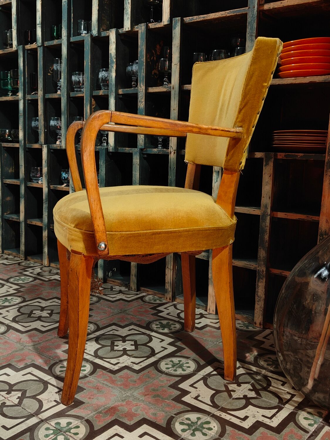 Fauteuil chaise bridge ancien moutarde