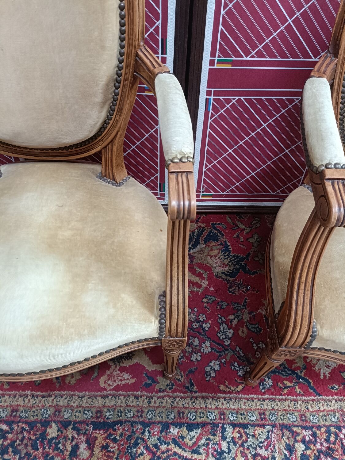 Pair of armchairs medallion Louis XV style, yellow velvet