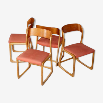 4 chaises vintage en teck, style scandinave, par l’éditeur Baumann, modèle Bémol / "Traineau"