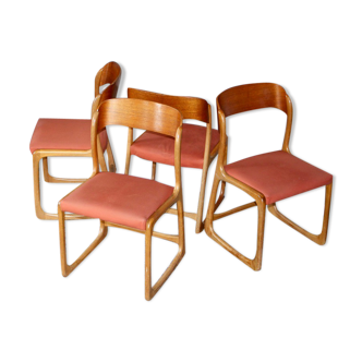 4 chaises vintage en teck, style scandinave, par l’éditeur Baumann, modèle Bémol / "Traineau"