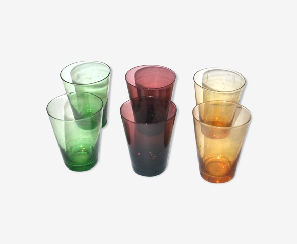 Série de 6 verres à eau en verre coloré vintage