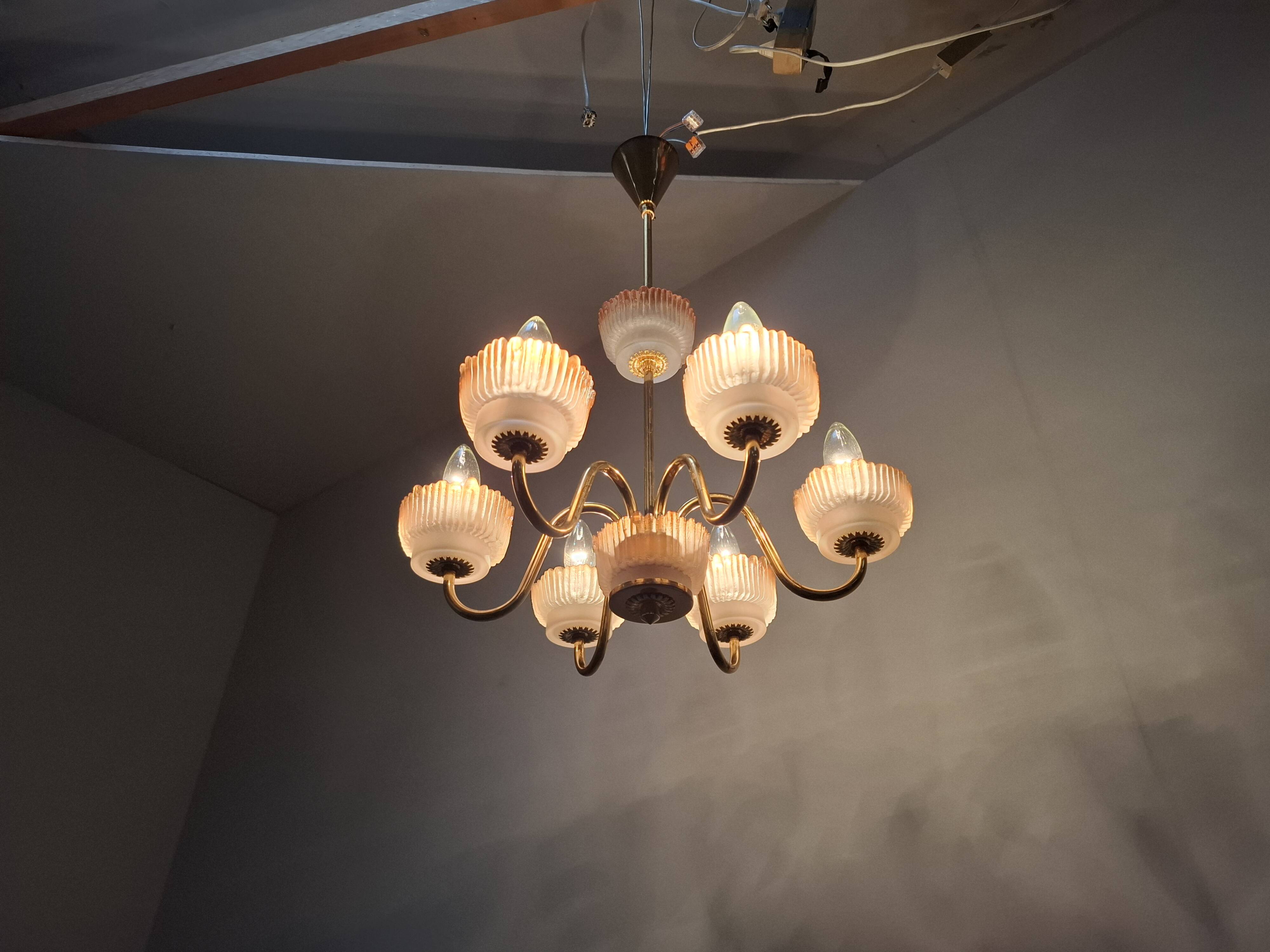 1960s Czech Mid-Century Brass and Železný Brod Frosted Glass Six-Arm Chandelier