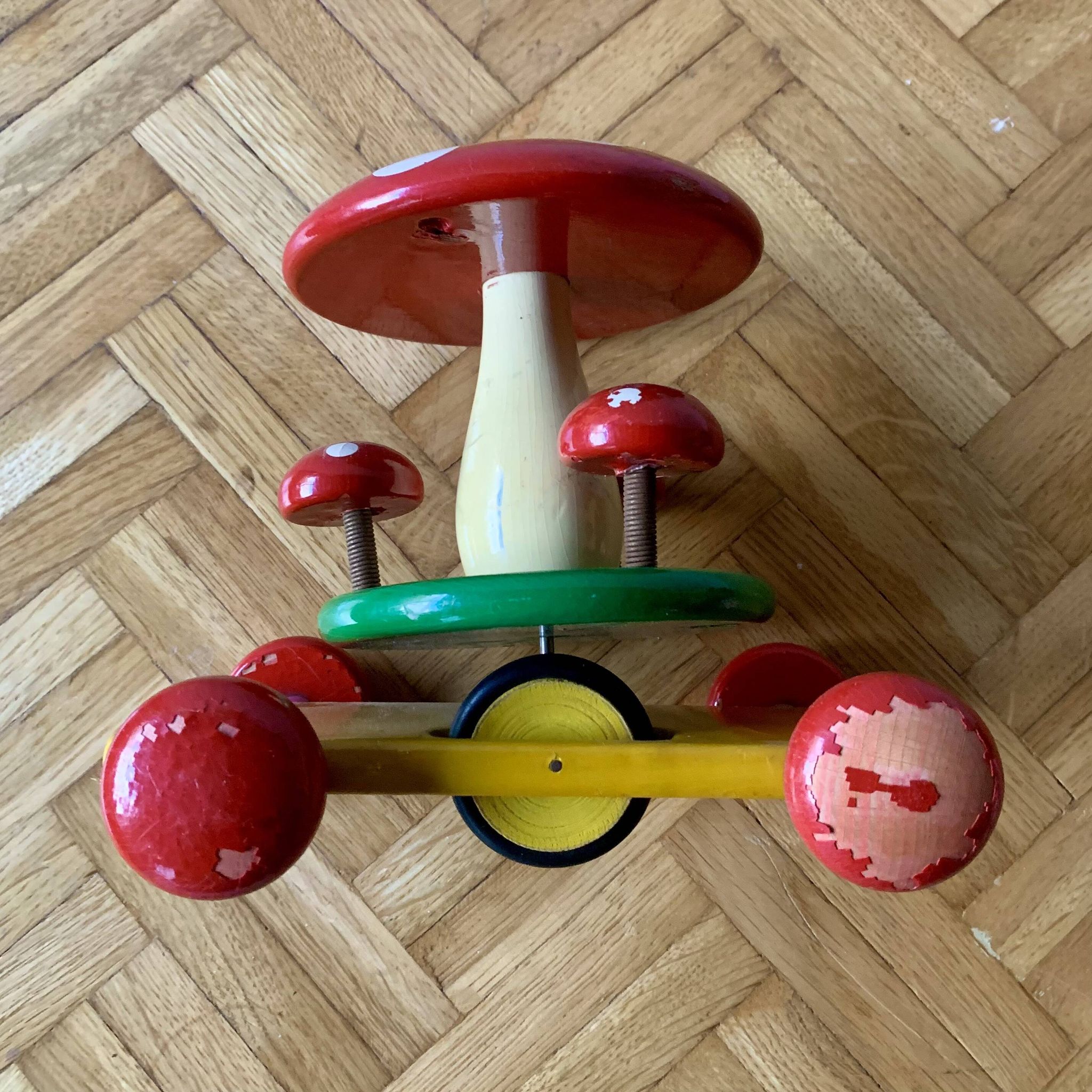 Vintage Wooden Pull Along Toy - Mushroom - 1960s