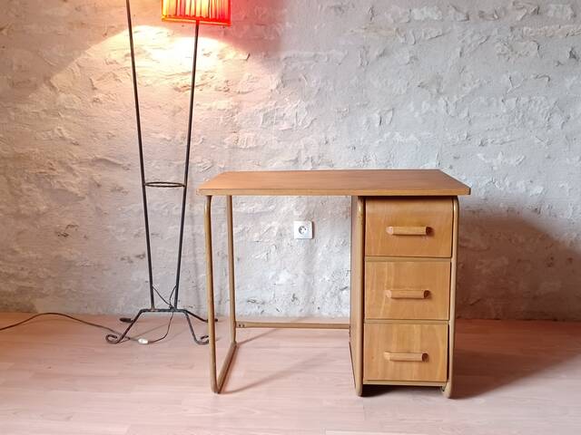 Small vintage desk from the 1950s, wood and metal.