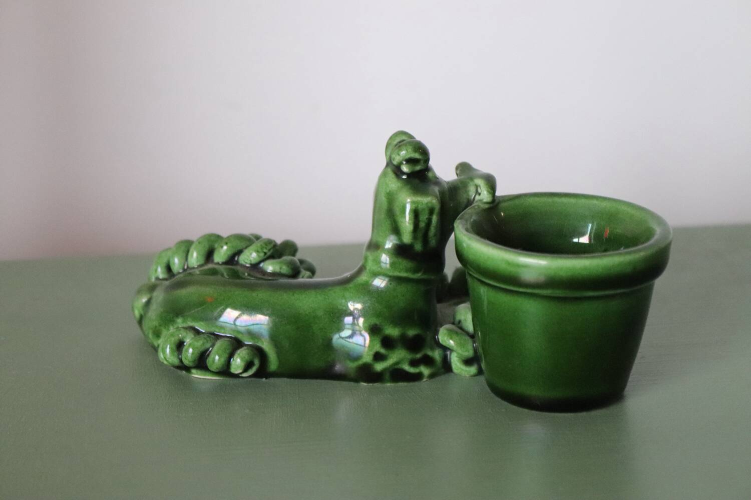 Small vintage green ceramic poodle candlestick
