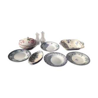 Lot plates and old dishes including Gien Mariette Pomponnette Regent