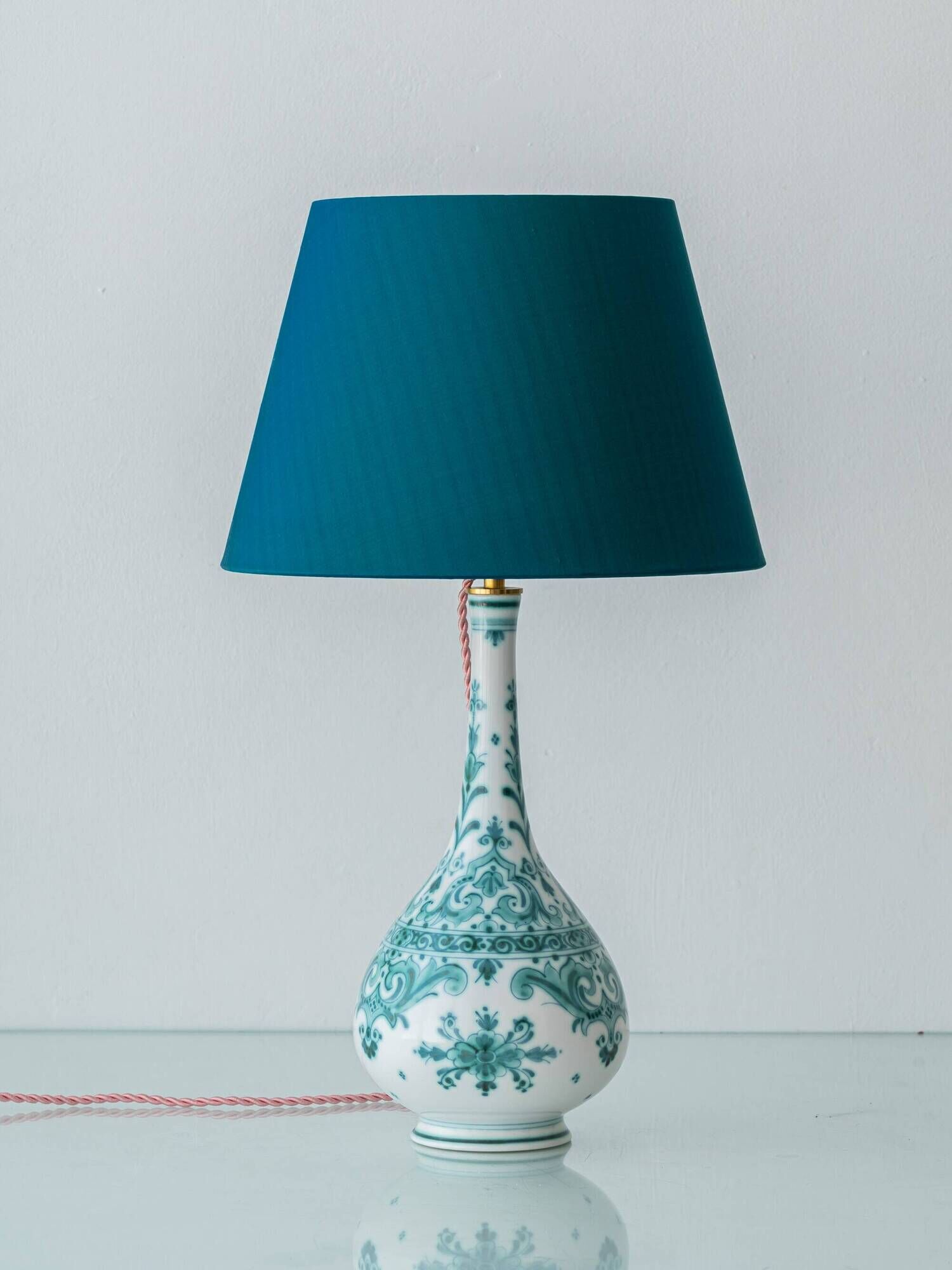 Vintage Royal Delft Ceramic Table Lamp, Rare Teal Delvert Glaze, New Lampshade