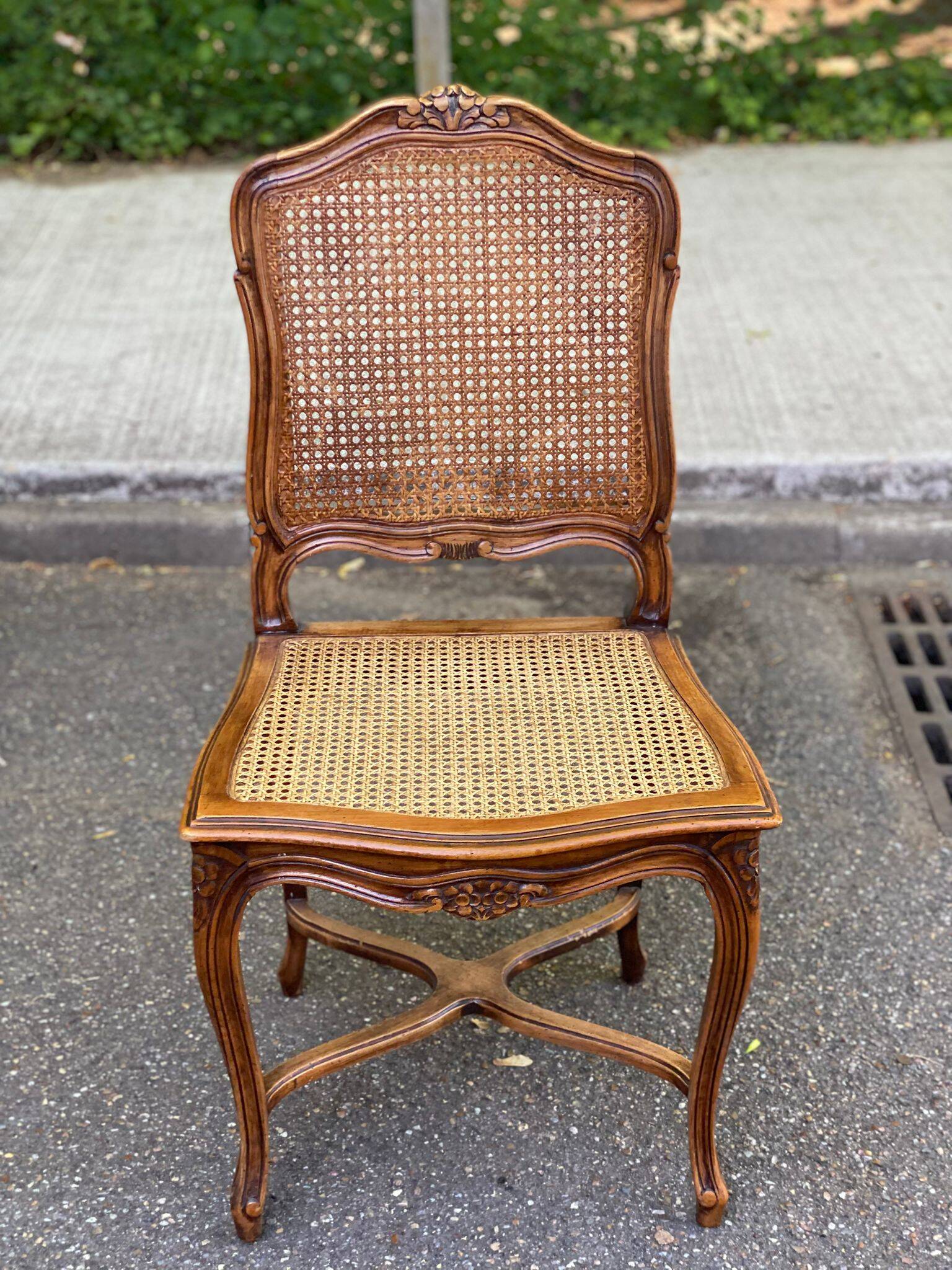 2 Louis XV style chairs in solid oak with rush seating from La Meublerie Meulin.