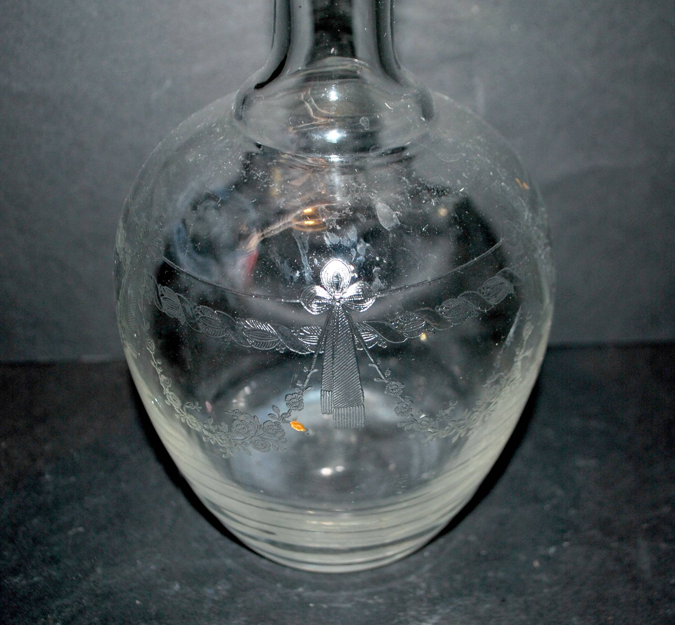 Antique PORTIEUX carafe, Pasteur model, with Empire engraving, 1930