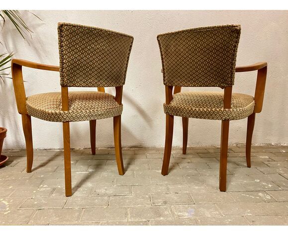 Pair of bridge armchairs in solid wood and velvet circa 1950