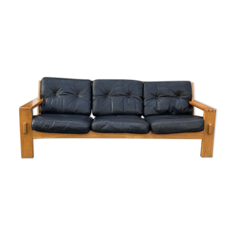 3-seater sofa in oak and leather design Eesko Pajamies for Asko model Bonanza 1970