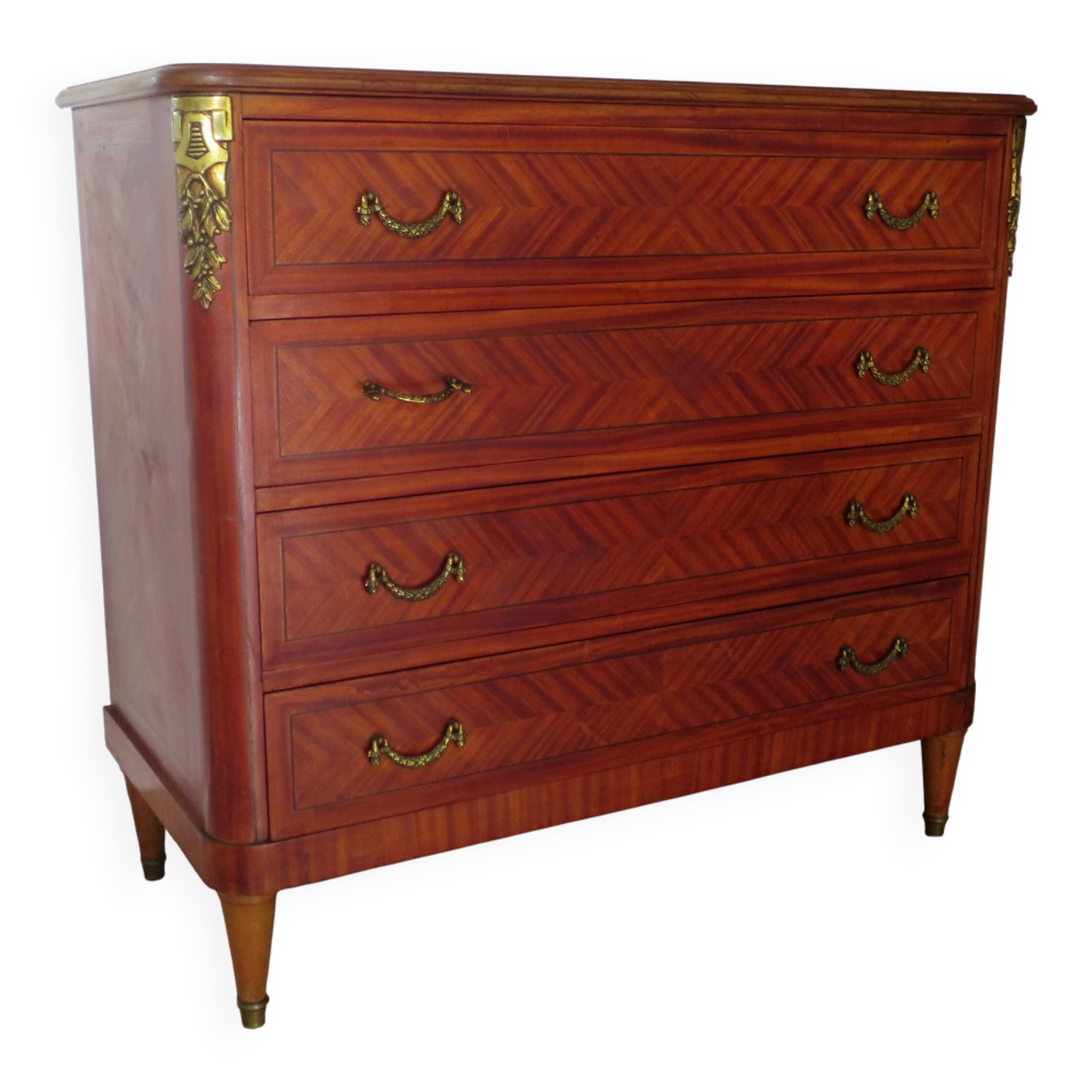 Louis XVI chest of drawers - Bronze - Butterfly wood veneer marquetry - 1930