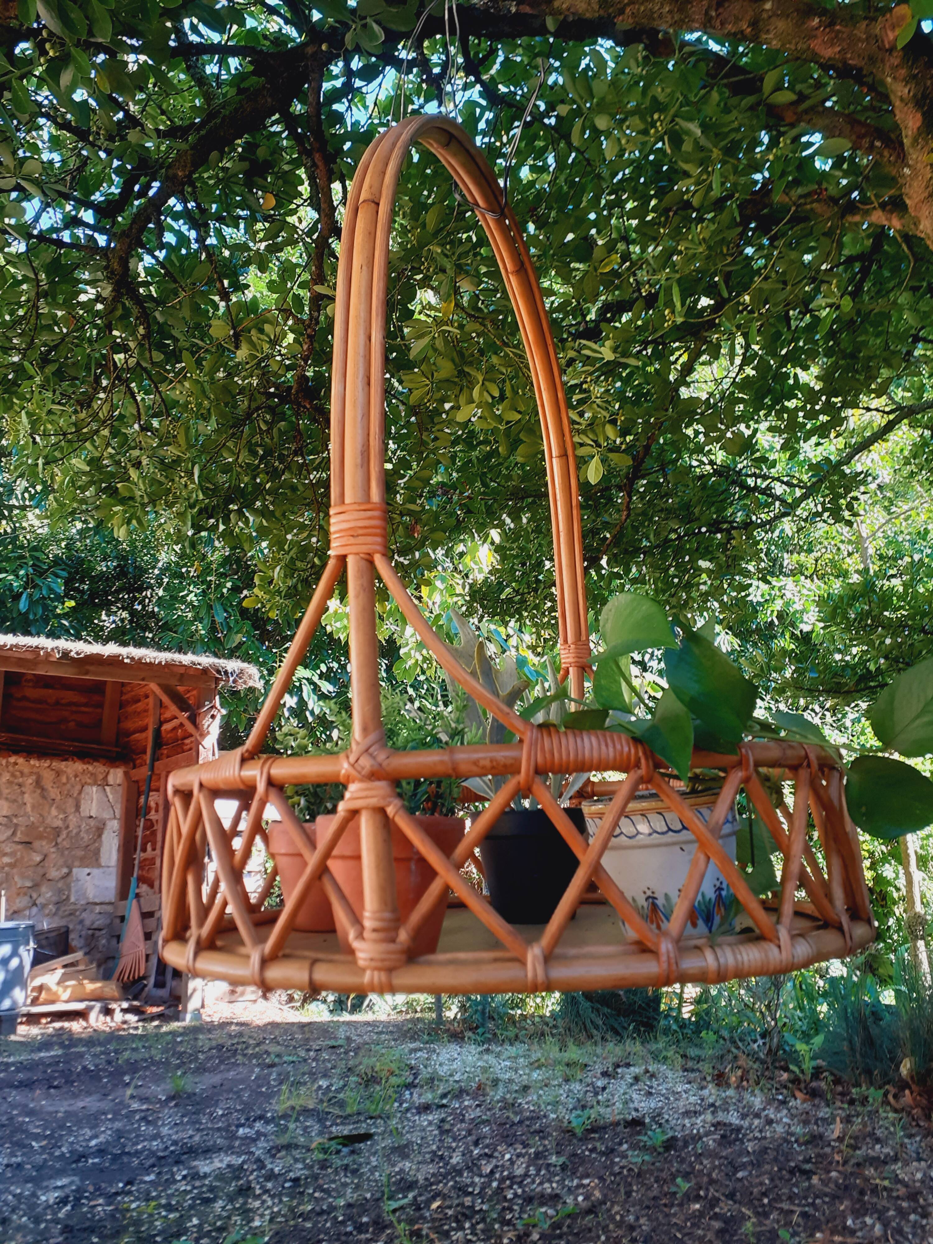 60s rattan hanging planter