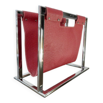Chrome metal magazine rack with faux leather, Skaï, peccary look, 1970.