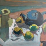 Oeuvre moderniste originale nature morte avec des fruits et une théière bleue des années 1950