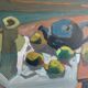 Original Modernist artwork still life with fruits and blue teapot 1950s