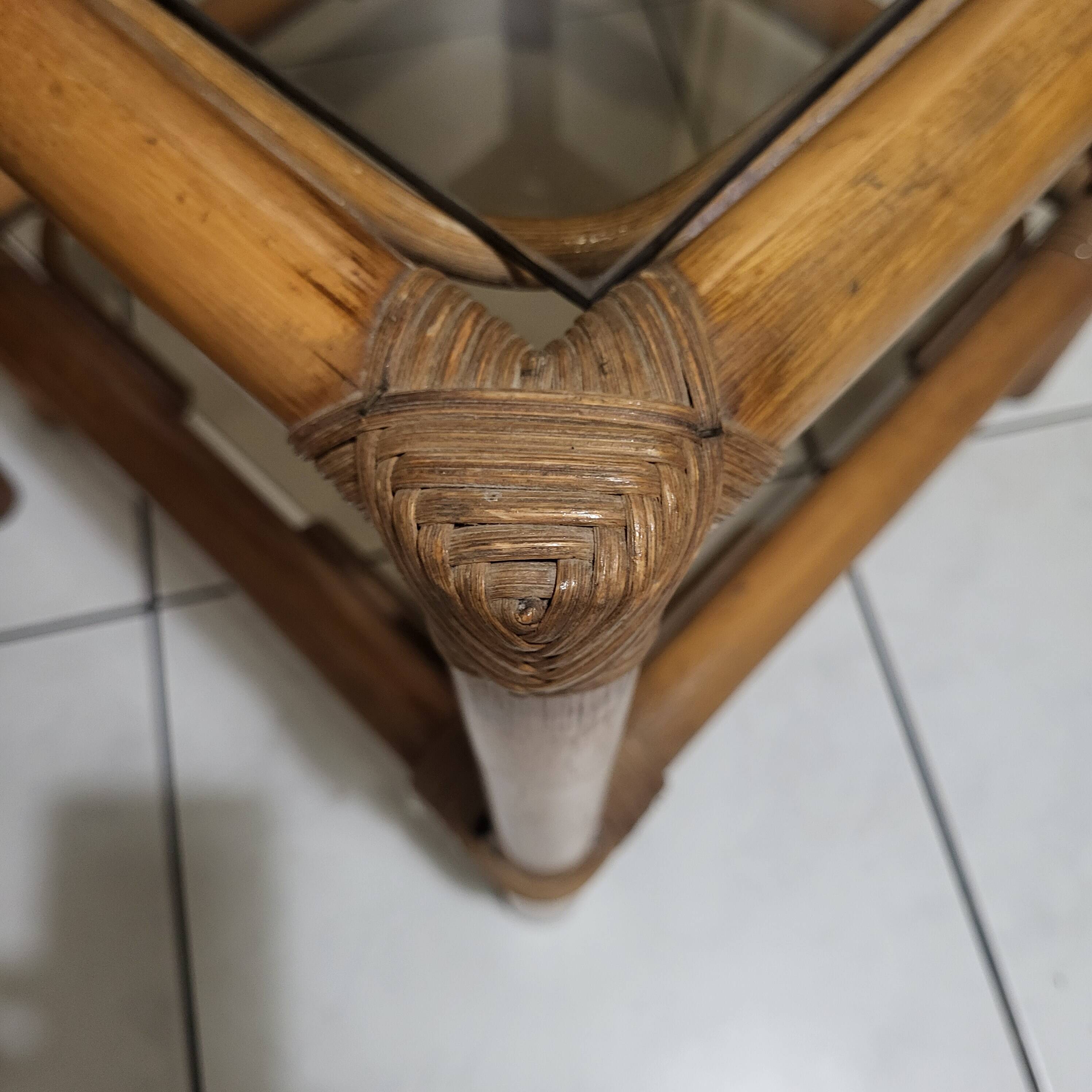 Table, side table in rattan and smoked glass from the 60s, vintage