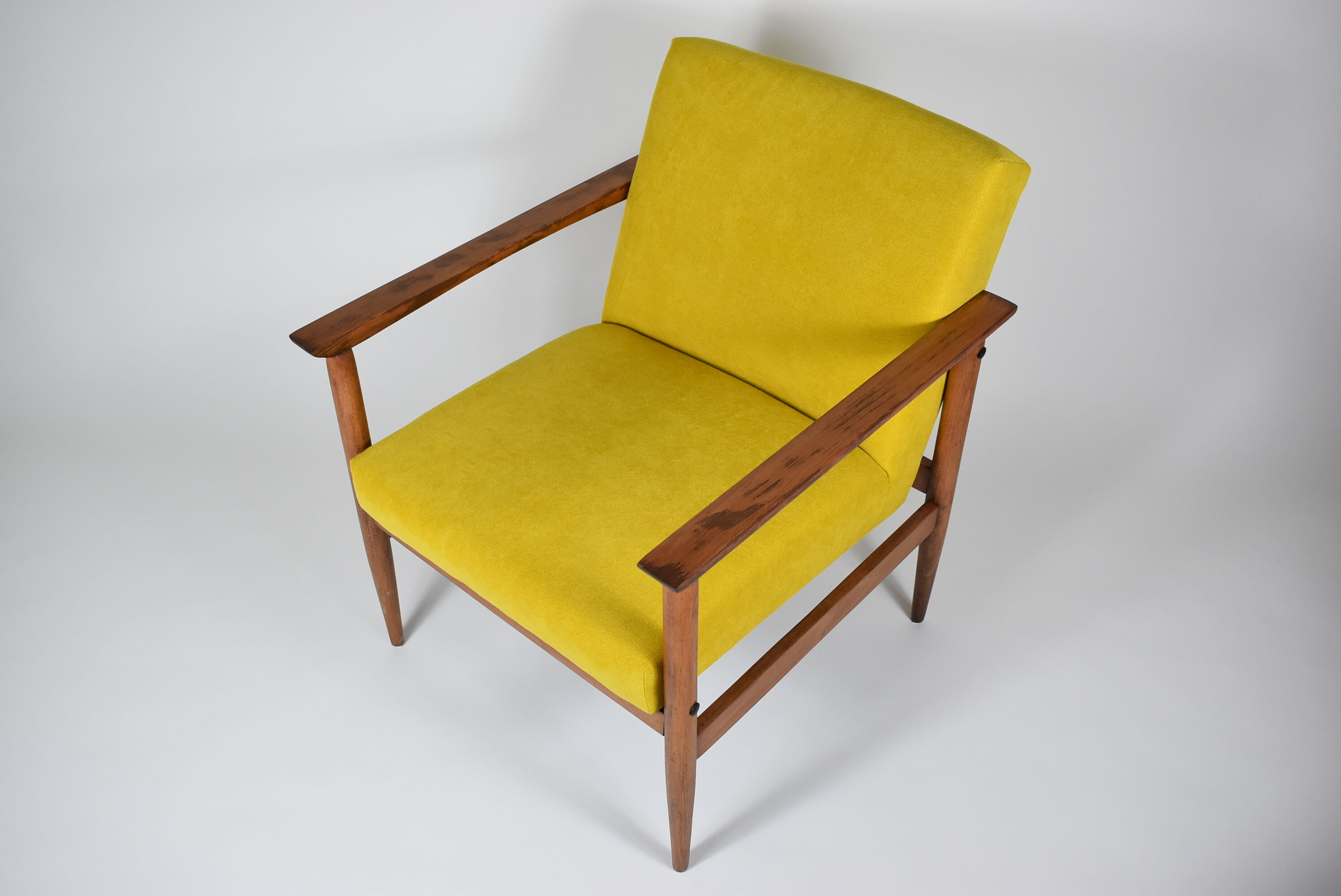 Vintage armchair yellow fabric, teak wood, 1960s