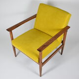 Fauteuil vintage en tissu jaune bois de teck années 1960