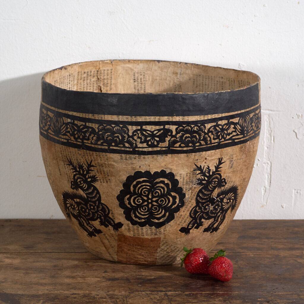 Antique Chinese papier-mâché basket with black papercuts – China, circa 1930
