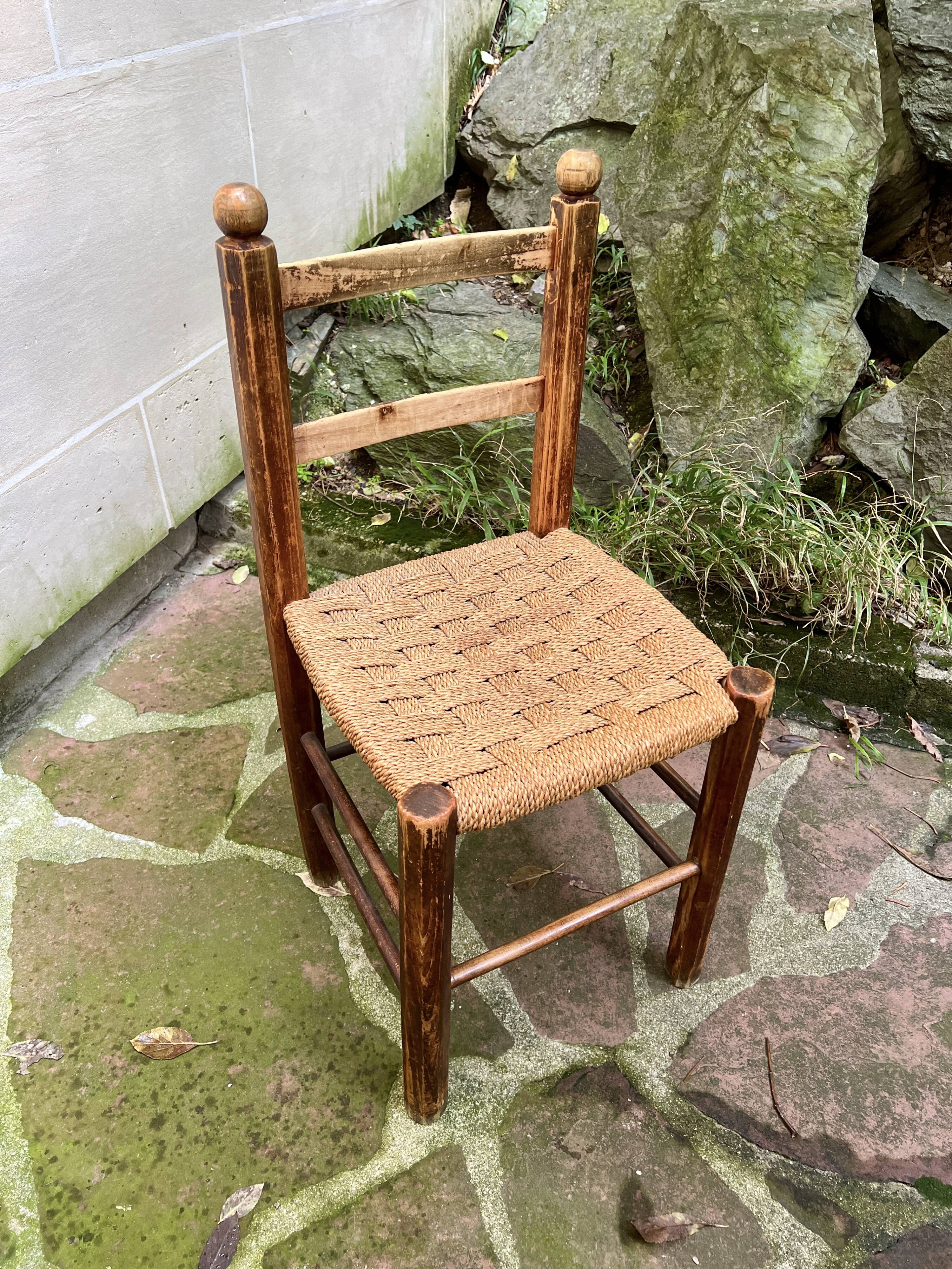 Chaise Italienne Vintage Bois Brut Corde Tressée Artisanale