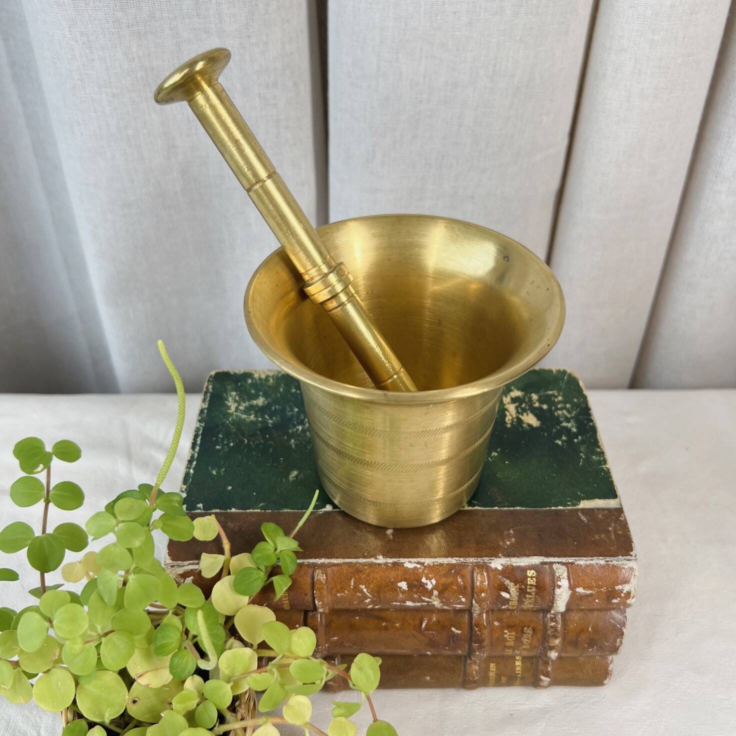 Large brass mortar with pestle