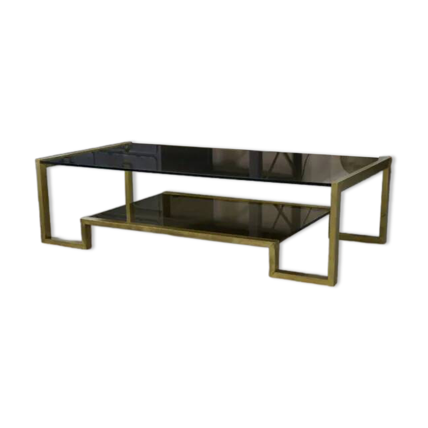 Designer coffee table with brass structure and black smoked glass, 1970s