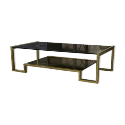 Table basse design structure en laiton et verre fumé noir 1970’s