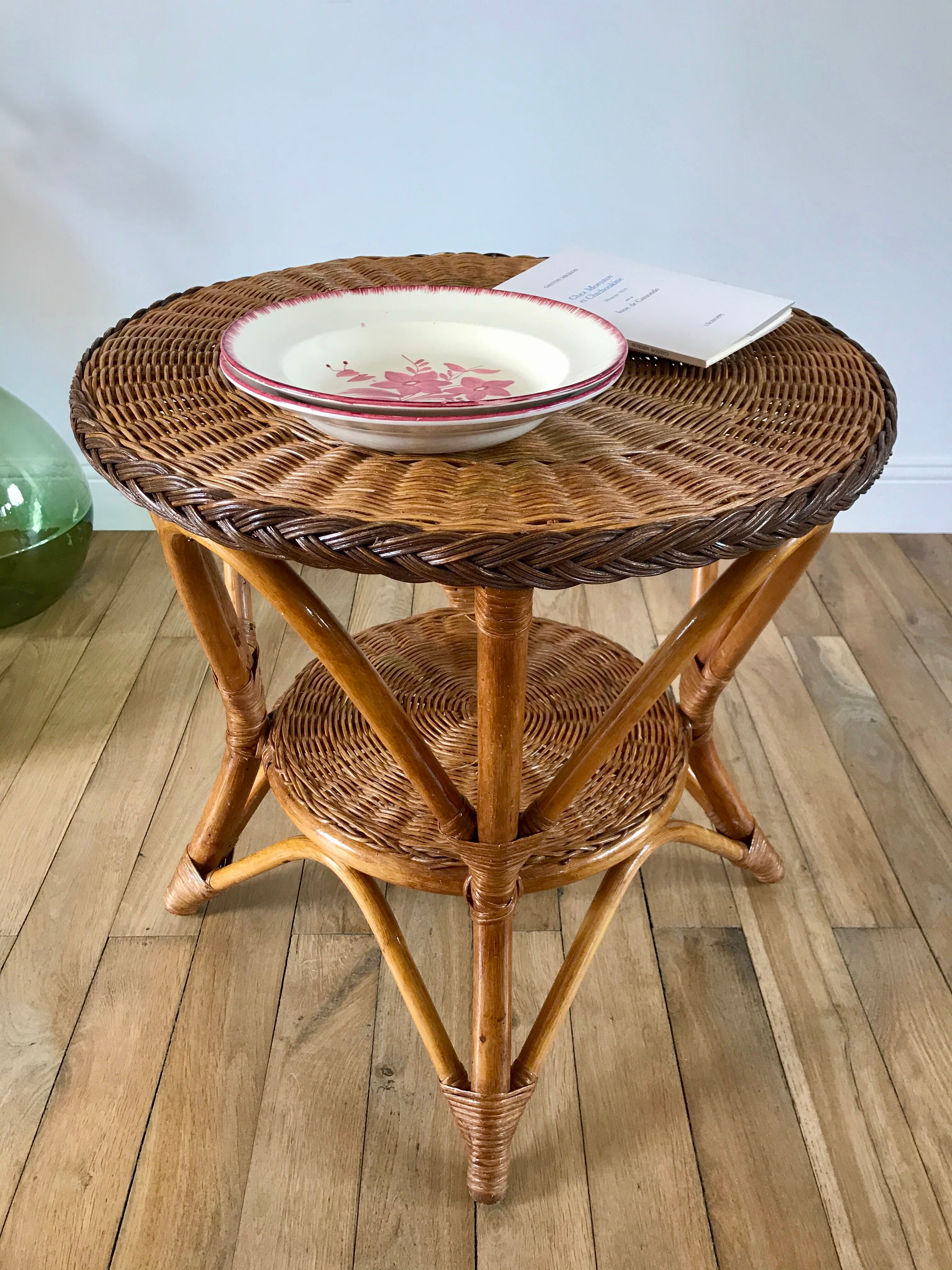 Round rattan coffee table double floor 60s