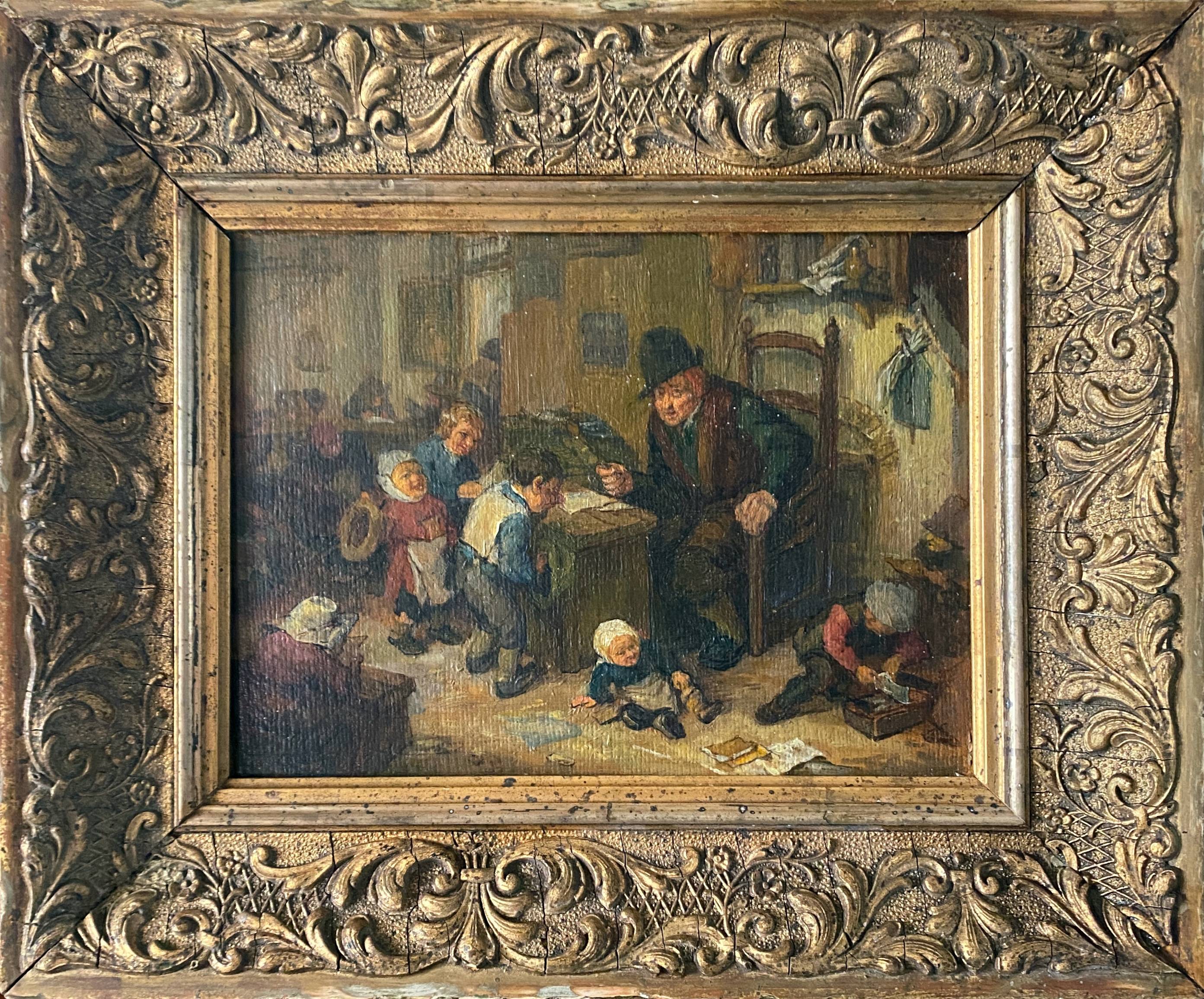 Painting "The schoolmaster" old copy of the Louvre of Mahudez cf. Van Ostade