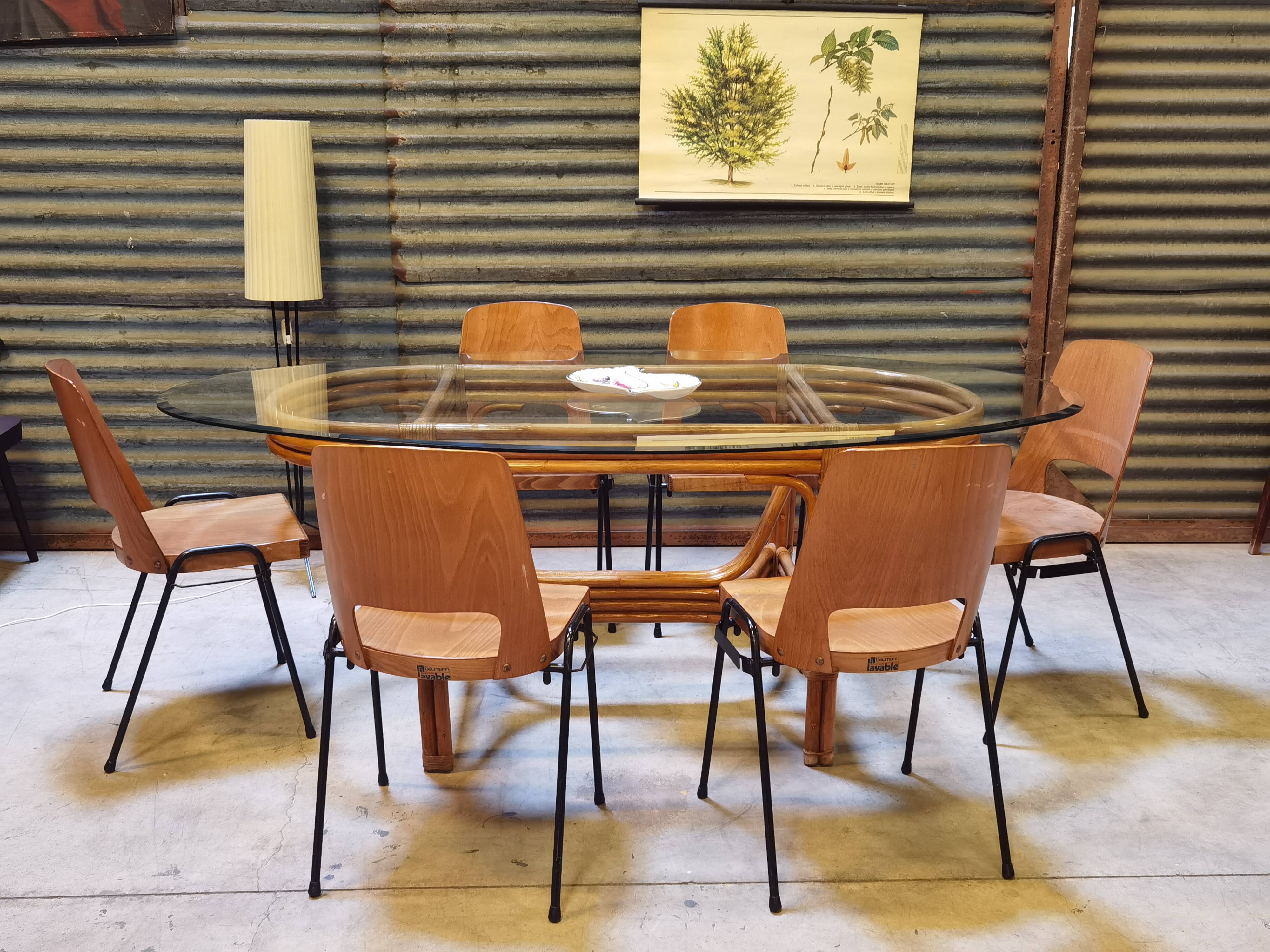 Dining table in rattan and glass 1960