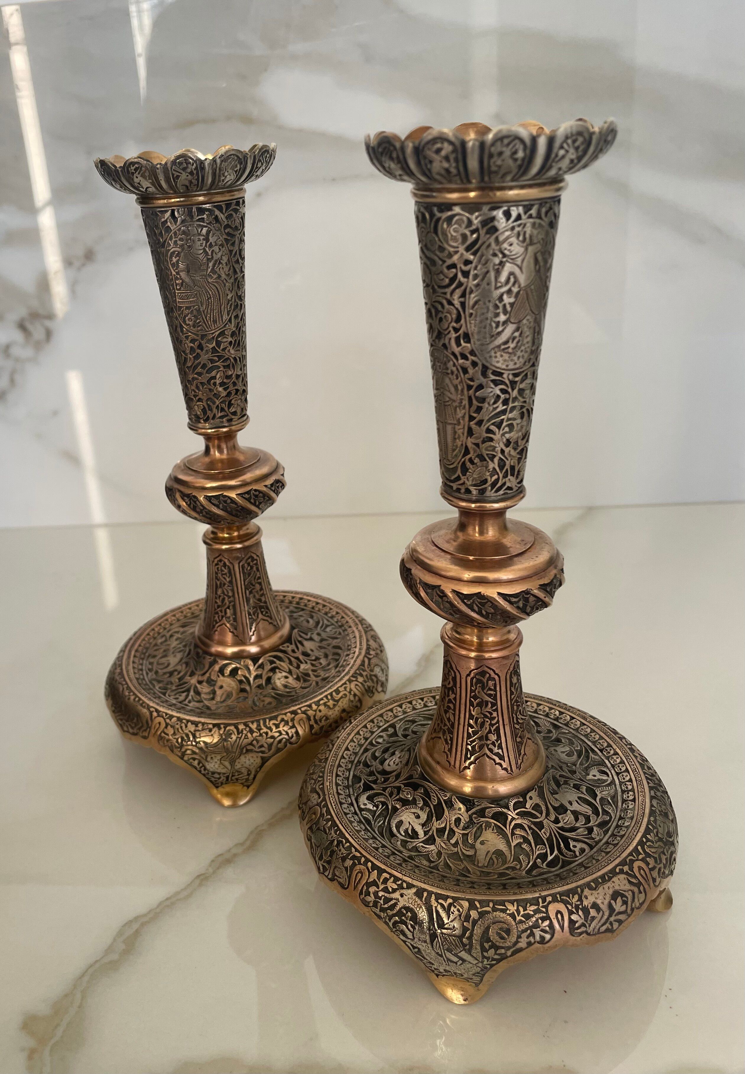 Paire de bougeoirs persans, style kadjar, début XXe