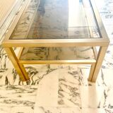 Vintage coffee table in gold-plated metal, brass-style, smoked glass, circa 1970