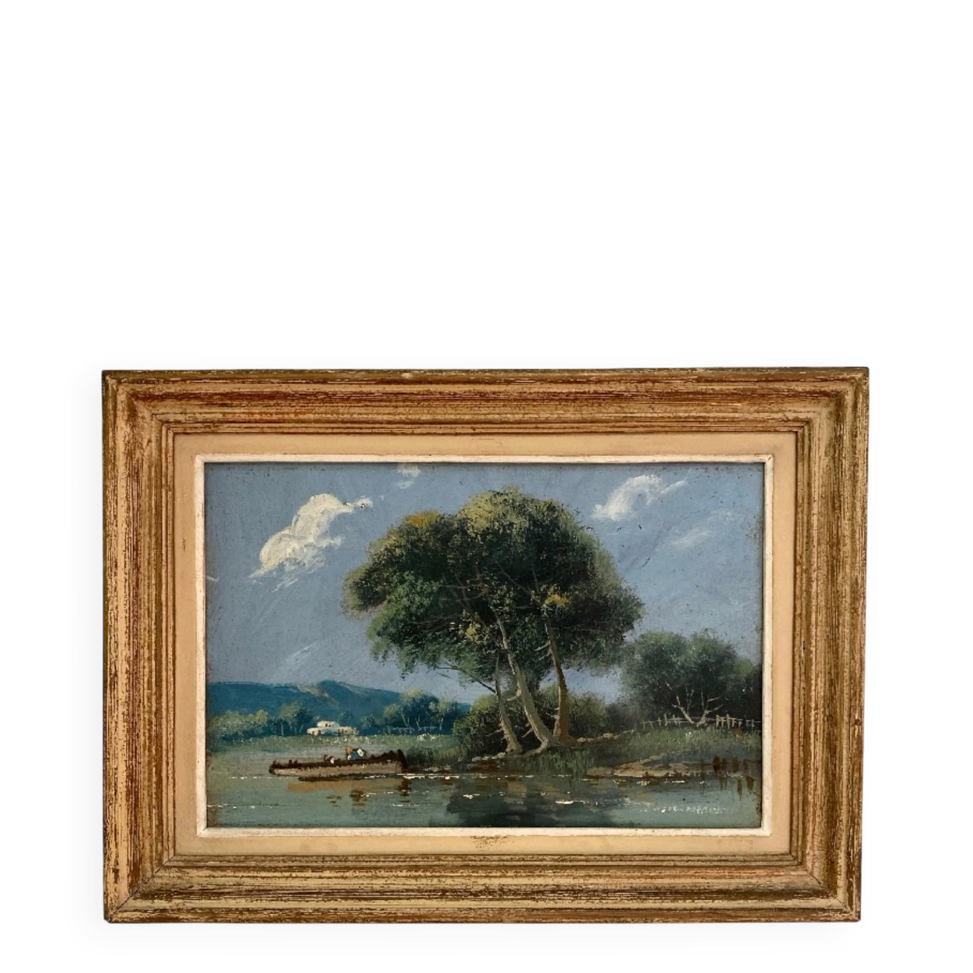 Old painting: Landscape by the water - Oil on panel