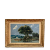 Tableau ancien : Paysage au bord de l'eau - Huile sur panneau