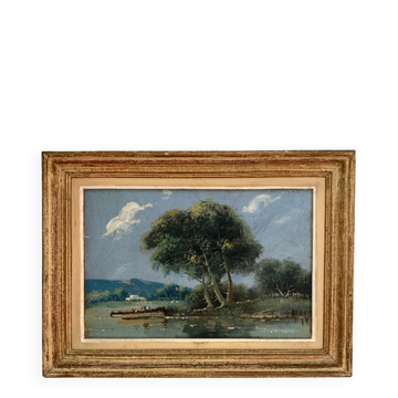 Old painting: Landscape by the water - Oil on panel