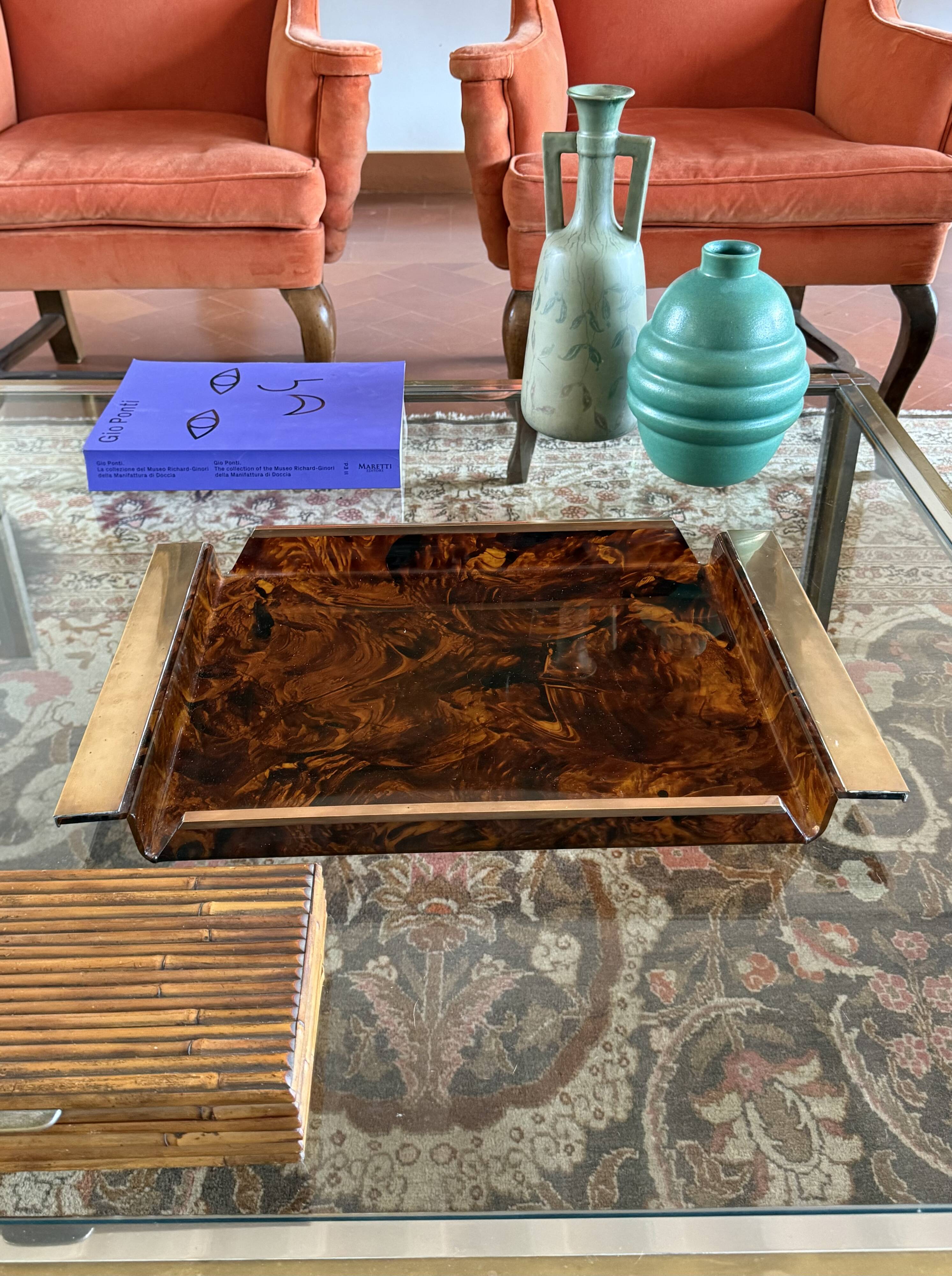Hollywood regency brass and tortoiseshell lucite tray, Italy 1970s