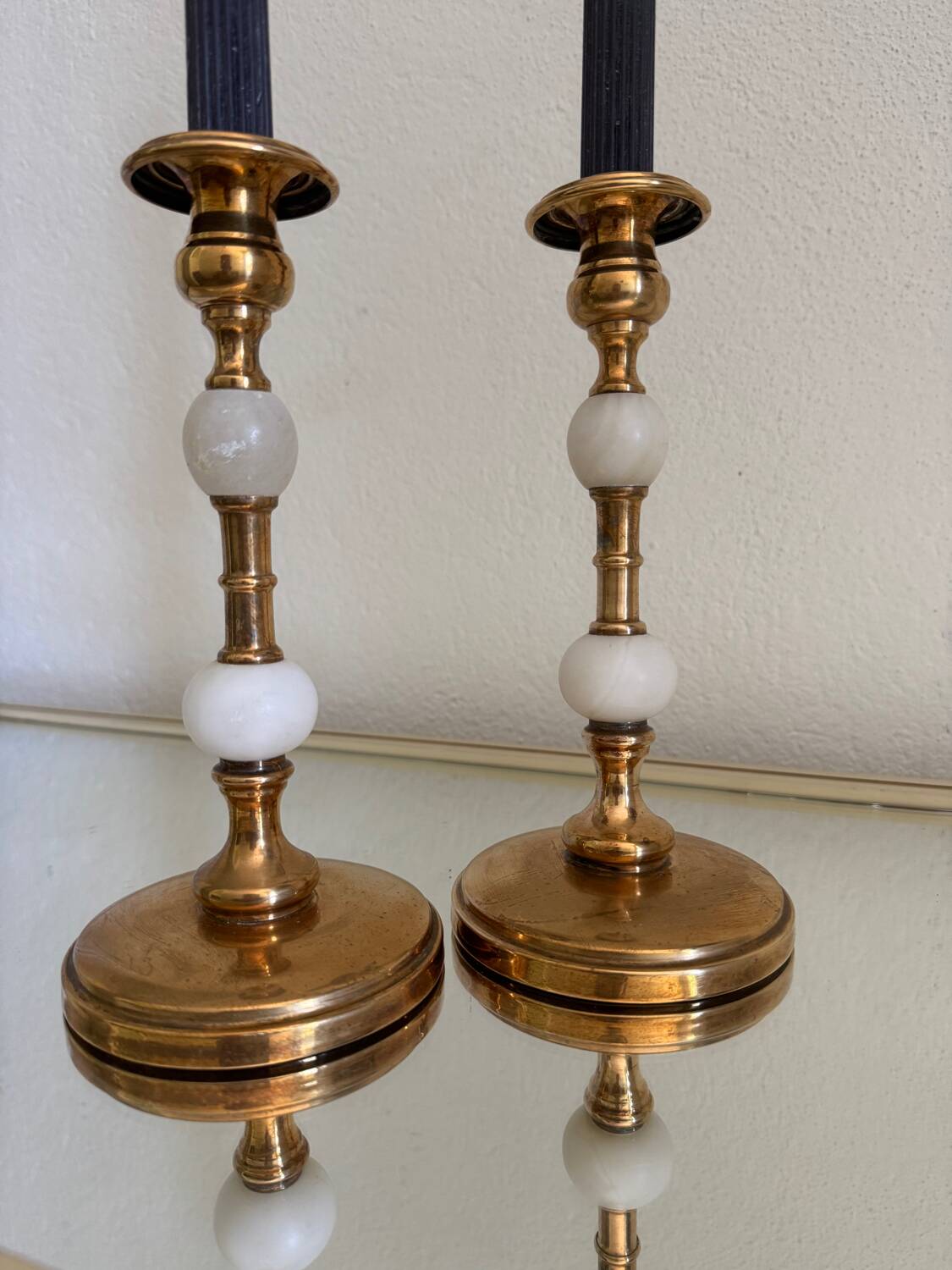 60s gold alabaster metal candlesticks