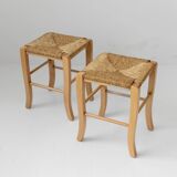Lot of 2 vintage wooden stools from the 1980s, with hand-woven straw seats.
