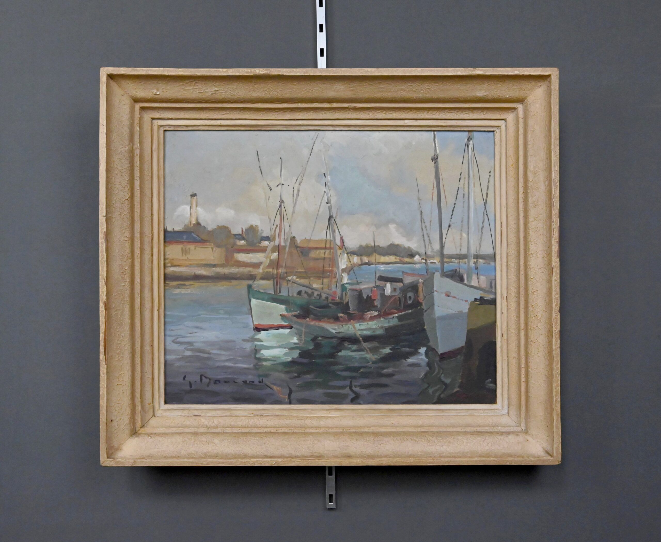 Painting "Thoniers at Dock", oil on panel, signed G. Boulard – Mid 20th century