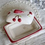 Vintage butter dish in slip and earthenware - Cherry pattern