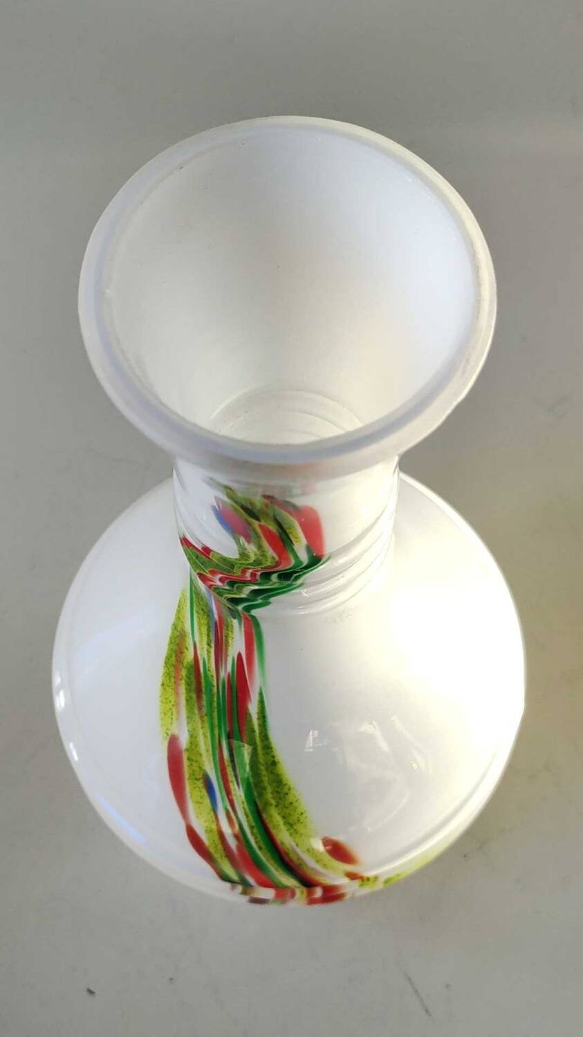 Blown Murano/White Opaline Art glass vase, polychrome smoke scroll inclusions. 28.5 x 14 cm
