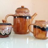 Coffee maker, milk pot and sugar décor Hawaii of the Sarreguemines vintage Earthenware 60s-70s