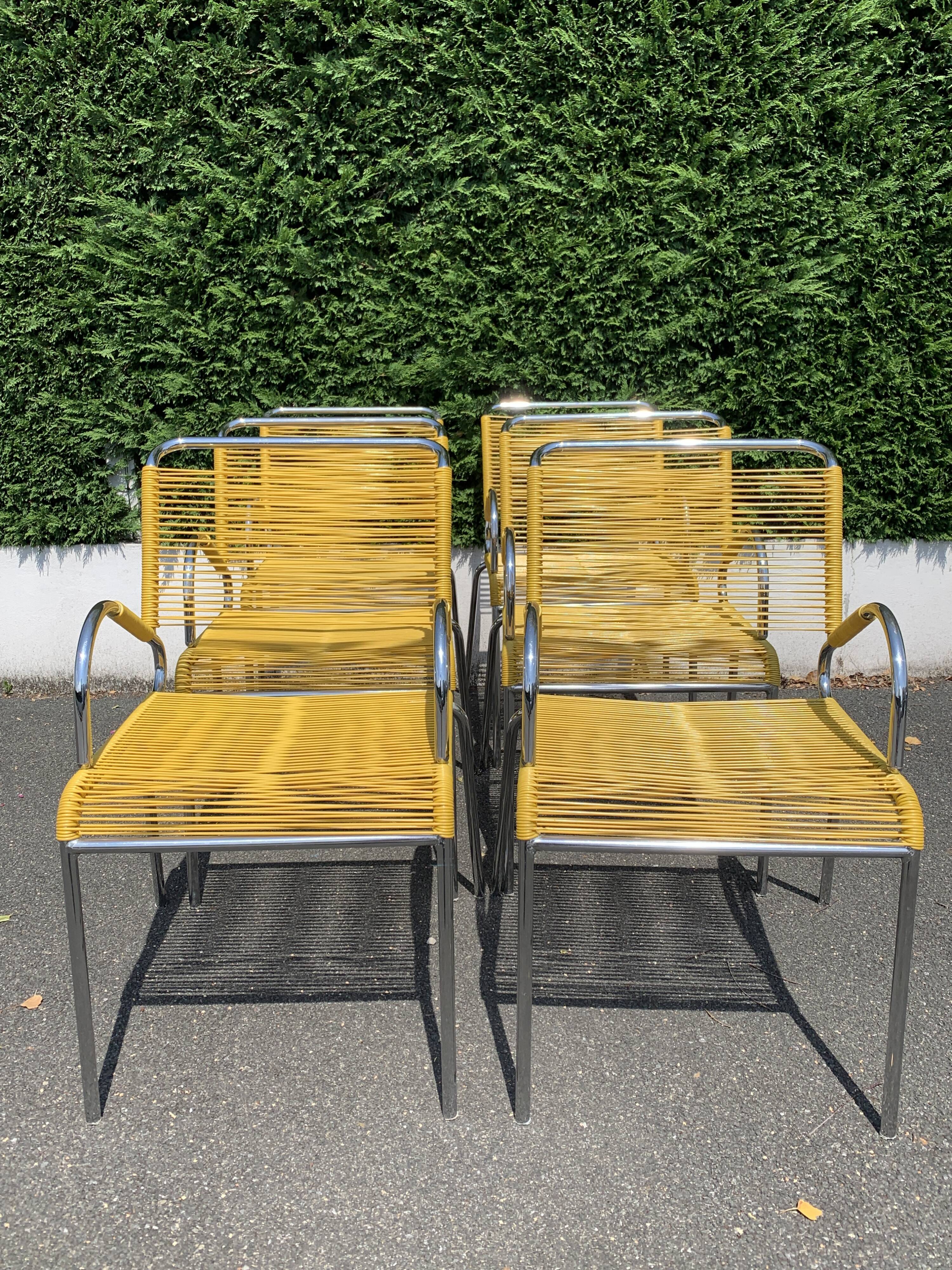 6 yellow and stackable armchairs, scoubidou by Dupré Perrin