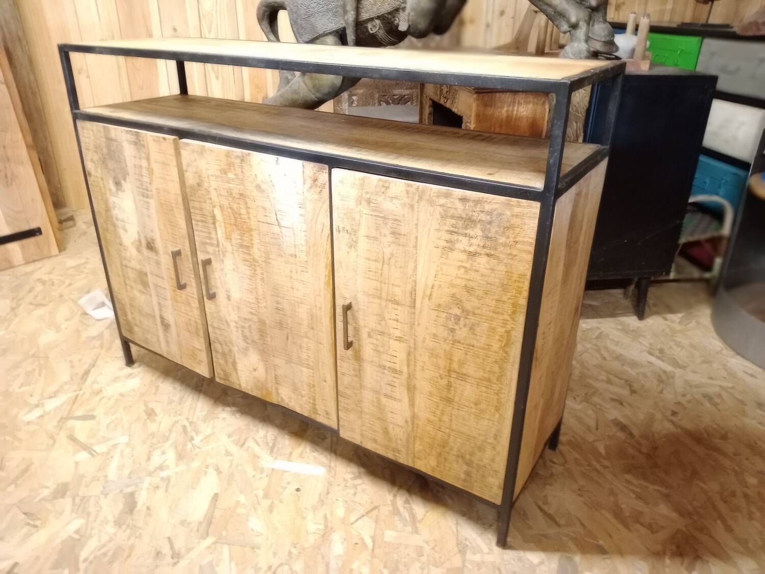Industrial-style buffet made of solid mango wood.